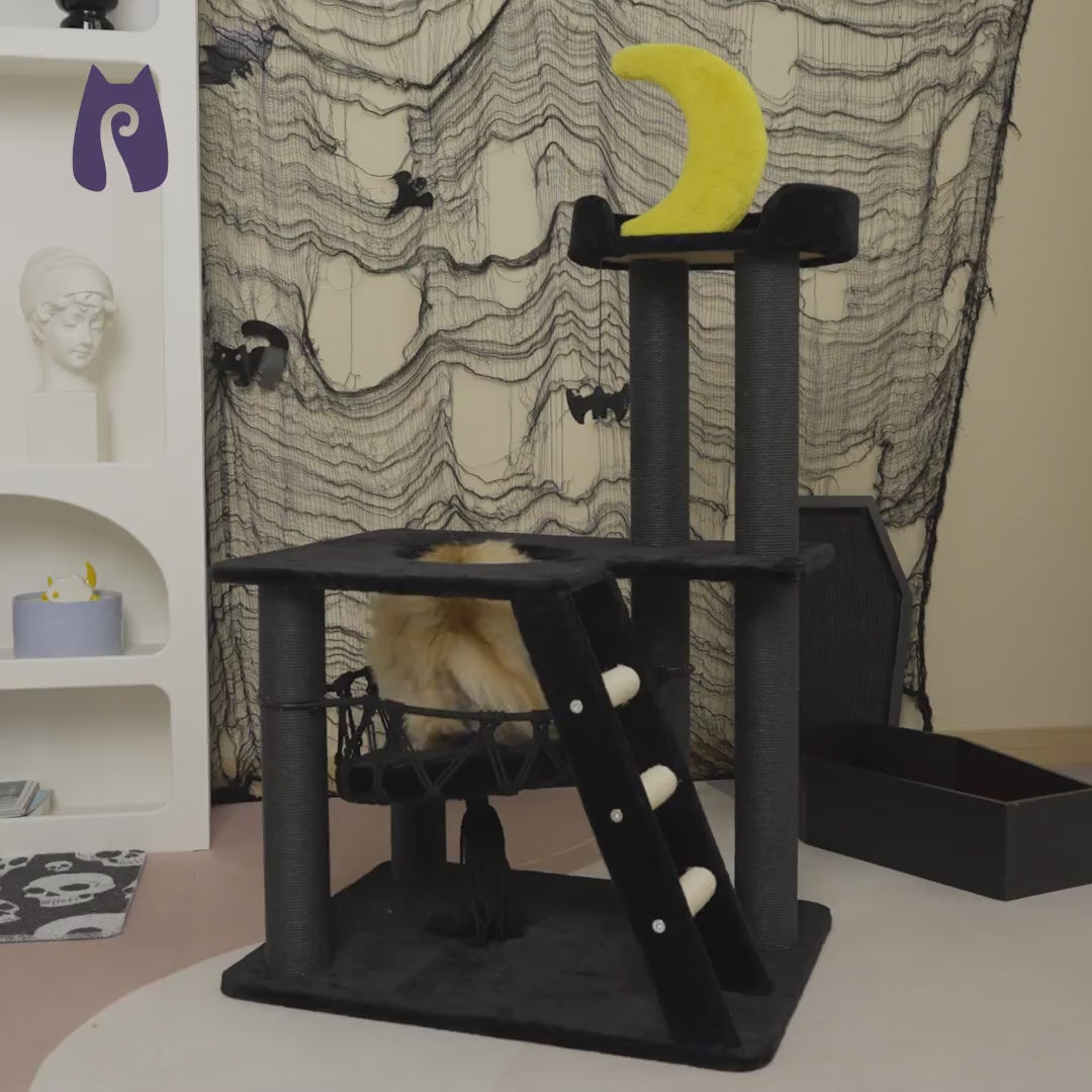 A cat playing on the various platforms of the Nightfall Cat Tree