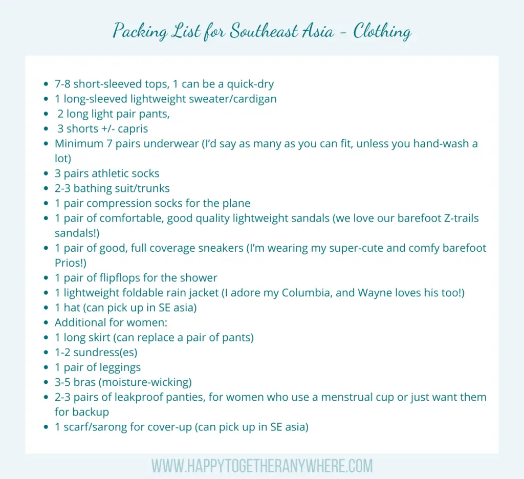 packing list for southeast Asia- clothing. happytogetheranywhere.com