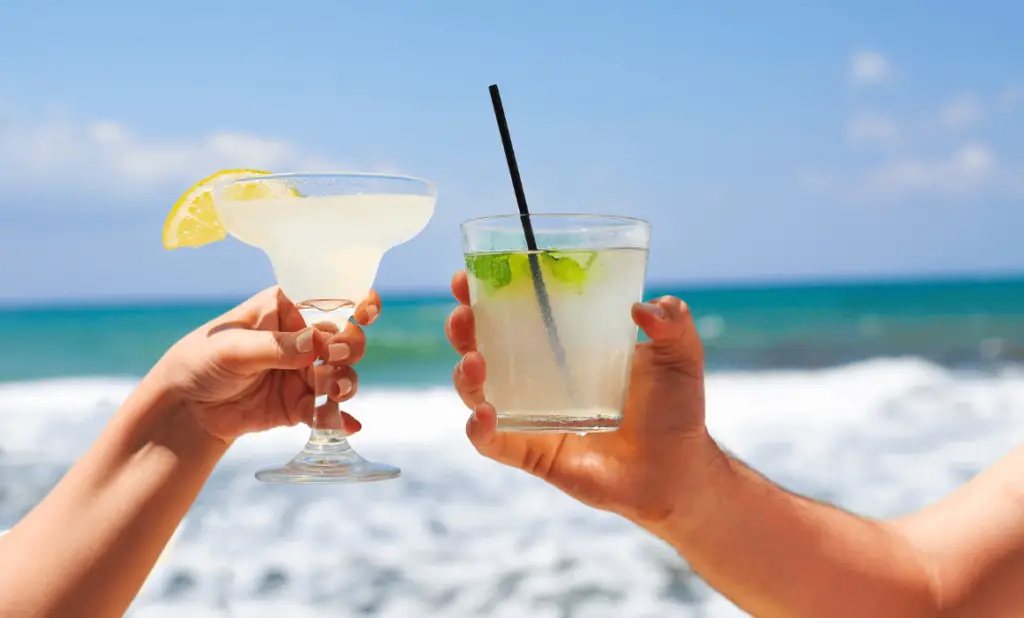 having a toast with glasses on a tropical beach