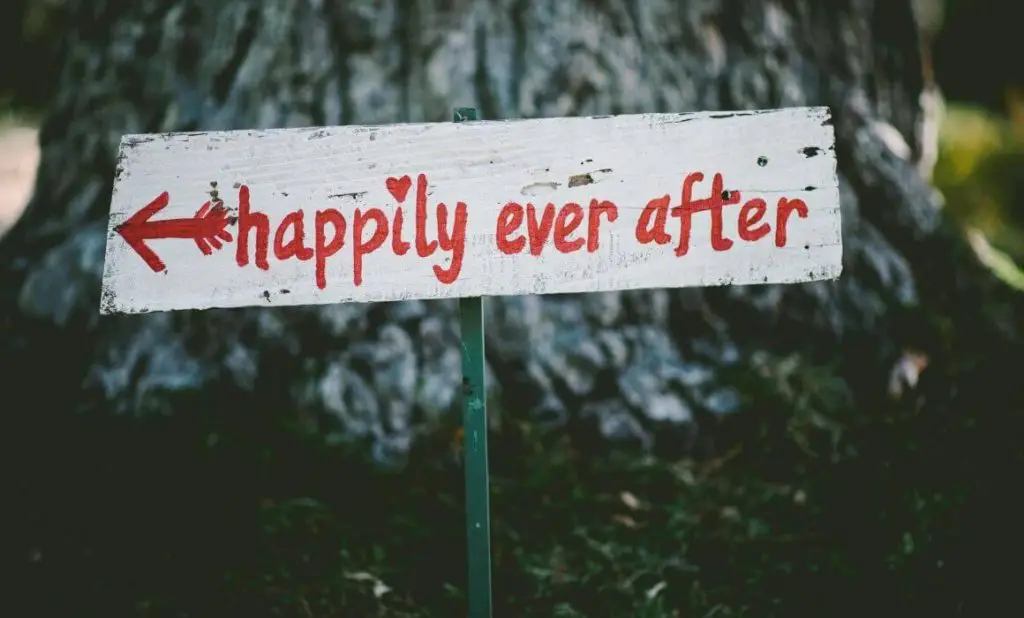 a white wooden sign with red writing says happily ever after. happytogetheranywhere.com